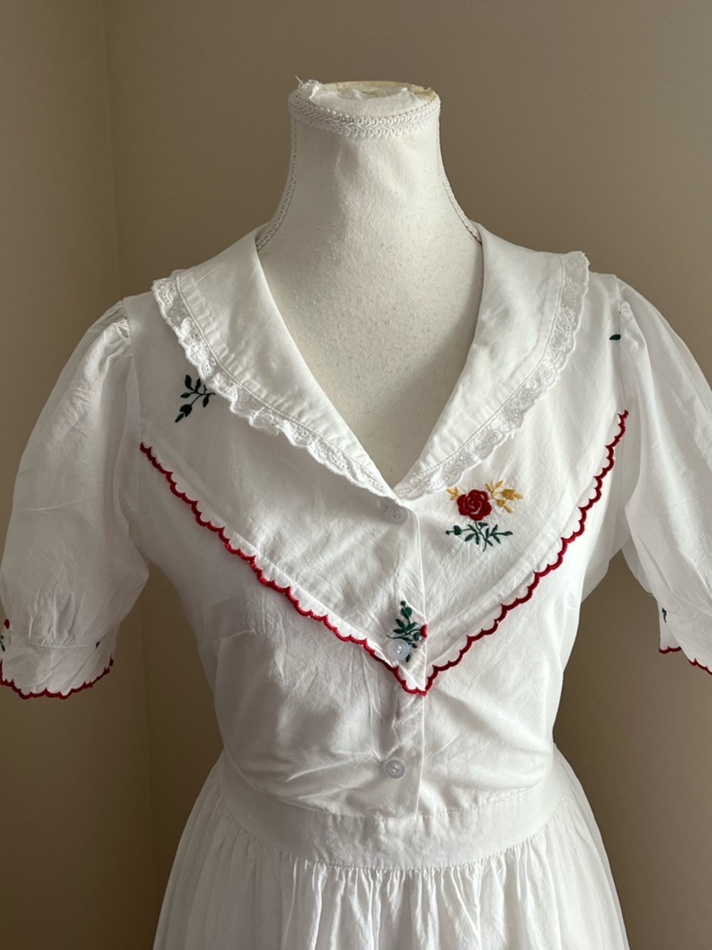 White Embroidered Cotton Midi Dress with Red Trim - Picture 3 of 8